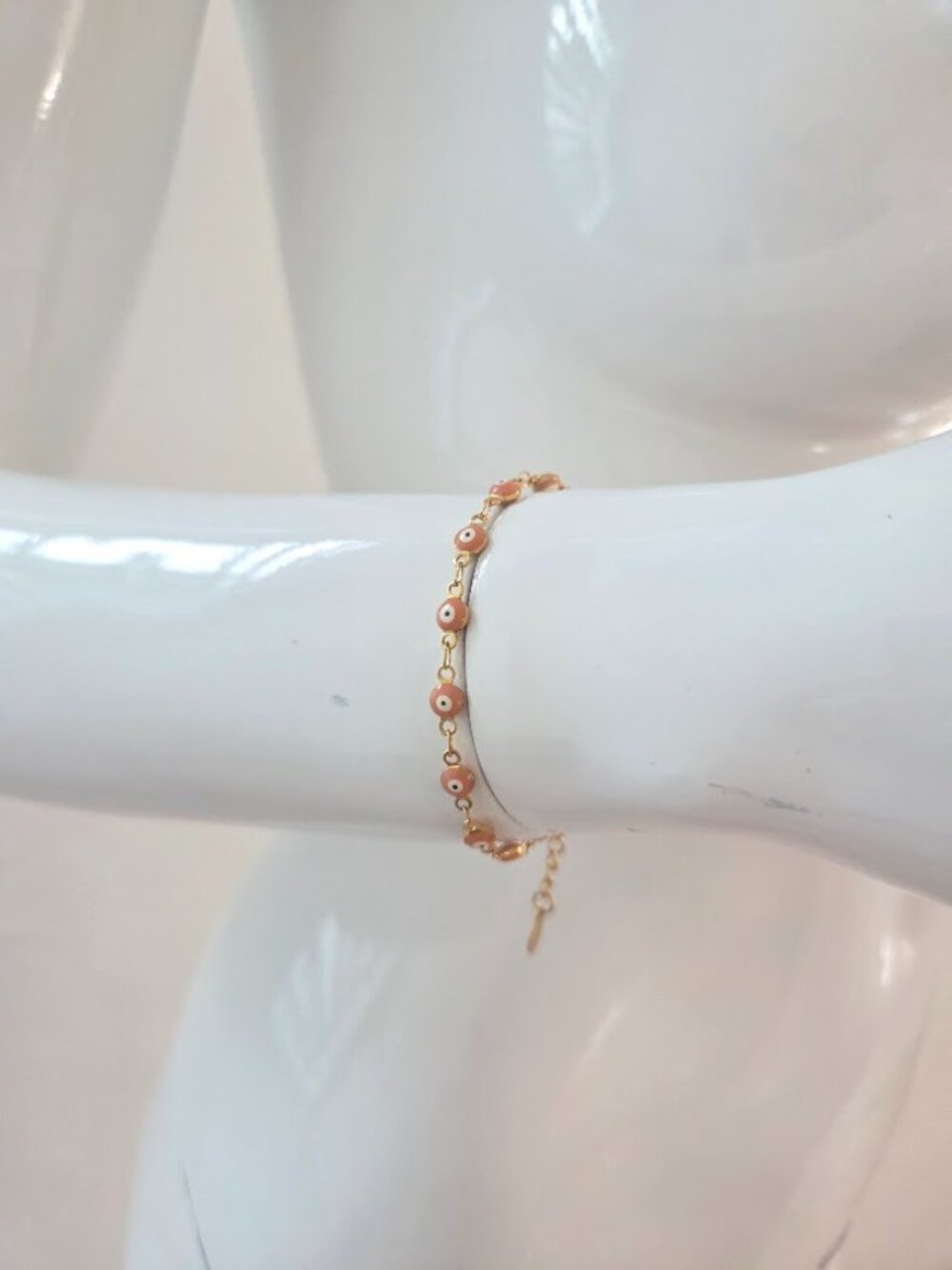 Gold Plated Evil Eye Enamel Chain Link Bracelet Pink Peach - Picture 8 of 11